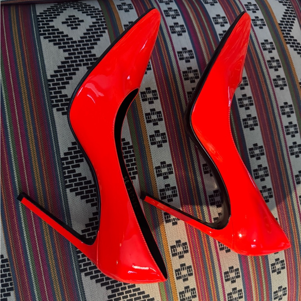 Saint Laurent Glossy Patent Leather Red Orange Heels 40Europe 9.5 US - Picture 9 of 16